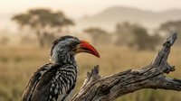 Red-billed hornbill perched on weathered branch in African savanna landscape with acacia trees during golden hour wildlife photography.
