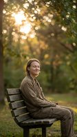 Peaceful middle-aged Caucasian woman sitting on park bench enjoying golden hour sunlight through trees with warm bokeh background for wellness content.