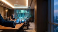 Professional businessman presenting holographic business interface in modern conference room with colleagues during corporate meeting.