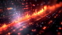Digital financial data visualization with glowing orange charts and graphs on dark background for business analytics and market research presentations.