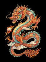 Traditional Asian dragon with ornate scales in vibrant orange, red, and turquoise tones. Isolated on transparent background, ready for t-shirts, stickers, clipart, sublimation, and print-on-demand designs.