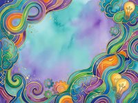 Colorful abstract watercolor background with decorative swirls, light bulbs, and ornamental borders in vibrant rainbow hues. Ideal for creative projects.