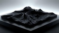 Abstract black liquid waves flowing on dark platform creating dynamic sculptural form with smooth curves and reflective surface for modern design projects.