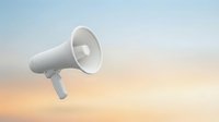 White megaphone floating against soft gradient sky background for marketing communication and announcement campaigns in business advertising.