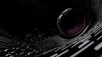 Dark glossy sphere floating above rippled metallic surface with scattered reflective droplets creating dramatic lighting effect against black background.