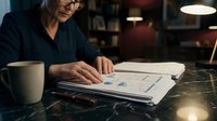 Senior businesswoman analyzing financial reports and charts at office desk during evening work session with coffee cup and warm lighting.