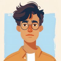Young Asian man with round glasses and tousled dark hair wearing orange jacket and white t-shirt against light blue background, illustrated portrait in contemporary style.