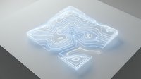 Glowing neon topographic map on a flat surface with contour lines, futuristic terrain visualization in blue and white light.