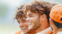 Young adult male with reddish-brown curly hair and beard, smiling outdoors with friends wearing orange safety gear, suitable for teamwork, construction, or outdoor activity concepts.