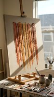 Abstract canvas with warm terracotta and gold drip brushstrokes on an easel in a sunlit artist studio with paint tubes and brushes.