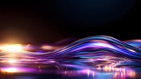 Glowing abstract waves with vibrant purple and blue light streaks against dark background, creating dynamic flowing motion effect with golden highlights and reflections.