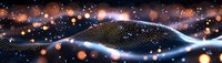 Glowing digital wave with luminous particles and bokeh lights flowing on dark background creates futuristic technology visualization for tech designs.