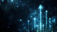 Digital growth arrows rising upward against cosmic starry background with glowing particles and nebula effects for business success presentations.