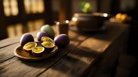 Fresh passion fruits cut in half on wooden plate, moody dark food photography with natural window lighting and rustic table setting. Exotic tropical fruits.