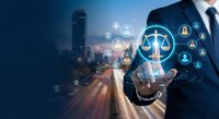 Professional businessman holding digital justice scales with network icons over urban cityscape background representing legal technology and law firm services.