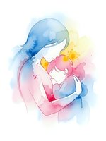 Watercolor mother holding baby in tender embrace with colorful paint splashes on white background for motherhood designs.