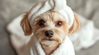 Adorable Maltese mix puppy wrapped in white towel after bath, looking at camera with sweet expression. Grooming and pet care concept.