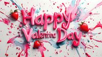 Pink balloon lettering Happy Valentine Day with fresh strawberries and watercolor splashes on white background, festive romantic holiday design.