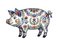 Decorative pig with ornamental folk art patterns in blue, rust and cream tones, isolated on white background. Suitable for farm-themed designs, textiles, and home decor projects.