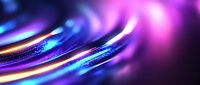 Abstract blurred background with vibrant neon purple and blue light streaks creating dynamic motion effect. Glowing curves and bokeh elements on dark backdrop.