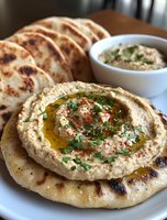 Creamy hummus topped with olive oil, paprika and fresh herbs served with warm flatbread on white plate. Traditional Middle Eastern appetizer close-up view.
