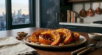 Golden baked acorn squash rings filled with cranberry stuffing on rustic plate in modern kitchen with city skyline view during sunset hour for autumn dining.
