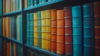 Colorful vintage hardcover books arranged on wooden library shelves, with focus on yellow, orange, and turquoise spines creating vibrant academic atmosphere.