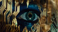 Close up view of human eye merged with electronic circuit board pattern in gold and turquoise colors representing artificial intelligence and digital transformation.