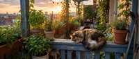 Tabby cat stretching on wooden bench surrounded by potted plants and climbing ivy on urban rooftop terrace at golden hour sunset, with cityscape visible in background.