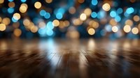 Wooden table surface with blurred bokeh lights background in warm golden and blue tones creating festive atmosphere for product display and presentations.