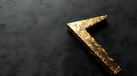 Golden angular arrow symbol on dark textured background, metallic gold leaf effect with rough texture and dramatic lighting for luxury branding and design.
