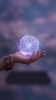 Mystical glowing orb with swirl patterns floating above open palm with golden bracelets against dreamy purple sky for spiritual and fantasy concepts.