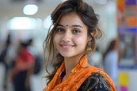 Young South Asian woman wearing traditional orange and black attire smiles warmly at camera. Casual updo hairstyle with loose strands frames her natural, glowing complexion.