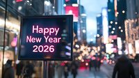 Glowing neon Happy New Year 2026 sign against blurred urban nightscape with bokeh lights and silhouettes of people walking on city street at night.