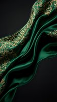 Luxurious emerald green silk fabric with ornate golden baroque patterns flowing elegantly against dark background for premium design projects.