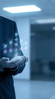 Businessman holding digital network icons and data connections in cupped hands representing cloud computing and cybersecurity technology solutions.