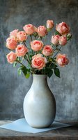 Fresh coral pink roses arranged in white ceramic vase against dark textured background, romantic floral composition on wooden table with blue paper accent.