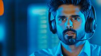 Young bearded man in headset illuminated by blue neon light, looking focused and determined while gaming or working in customer service environment.
