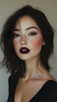 Young Asian woman with dark burgundy lipstick, natural freckles, and messy dark hair wearing black. Dramatic makeup look with rosy cheeks and winged eyeliner against neutral background.