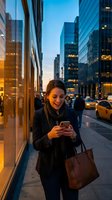 Young professional woman using smartphone on busy city street at dusk with illuminated skyscrapers and urban traffic in background.