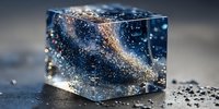 Transparent glass cube containing swirling galaxy with golden stardust particles and cosmic nebula effects on dark surface for science fiction concepts.