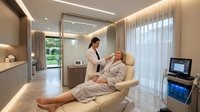 Professional female doctor consulting with relaxed patient in modern luxury medical spa treatment room with advanced equipment.