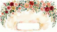 Floral arrangement with red, pink, and peach roses, greenery, and eucalyptus leaves framing an ornate banner on cream background for wedding invitations and greeting cards.