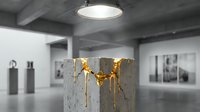 Concrete pedestal with glowing golden cracks in a modern art gallery, spotlight above, blending industrial and luxury aesthetics.