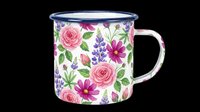Floral enamel mug with pink roses, purple flowers, and green leaves on white background, isolated on transparent background, ready for print-on-demand, sublimation, and merchandise design.