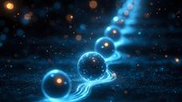 Glowing blue spheres with ethereal light trails float in dark cosmic space amid shimmering particles and bokeh effects, creating mystical atmospheric scenery.