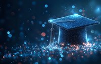 Glowing graduation cap with tassel on dark background surrounded by magical blue bokeh lights and sparkles creating ethereal academic atmosphere.