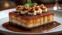 Caramel banana cheesecake slice with chocolate crust, topped with fresh banana slices, candied walnuts and mint leaves, served in caramel sauce on white plate.