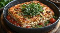 Homemade lasagna with melted cheese, fresh herbs and cherry tomatoes served in cast iron pan. Traditional Italian cuisine with layered pasta and meat sauce.