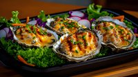 Baked oysters with cheese sauce and herbs served on black plate with fresh lettuce, radish and carrot garnish, moody restaurant lighting.